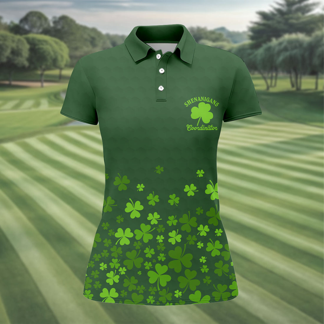 Shenanigans Coordinator Golf Ball Pattern St Patrick Day Green Golf Shirt, Women's Golf Tops, Ladies Golf Polos