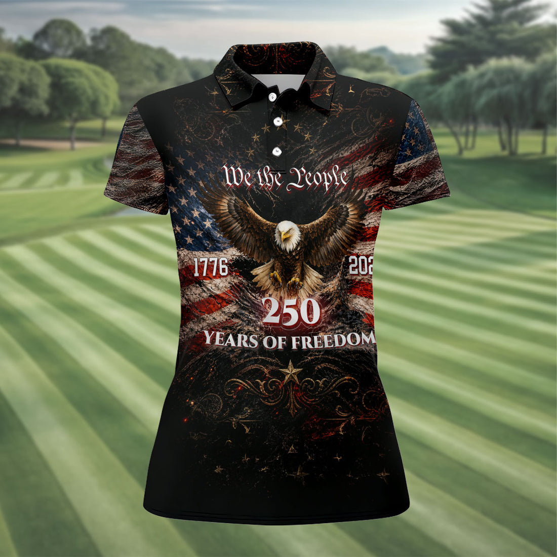 We The People Women's Patriotic Golf Shirt, 250 Years Of Freedom Polo Shirt, American Eagle USA Flag Shirt