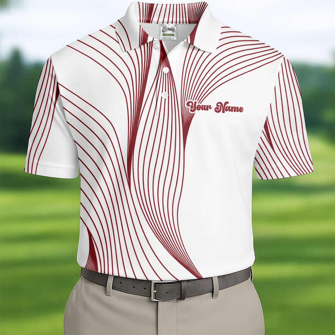 Geometric Line Wavy Line Red And White Custom Name Golf Shirts For Men, Men's Golf Shirt, Polo Shirts For Men
