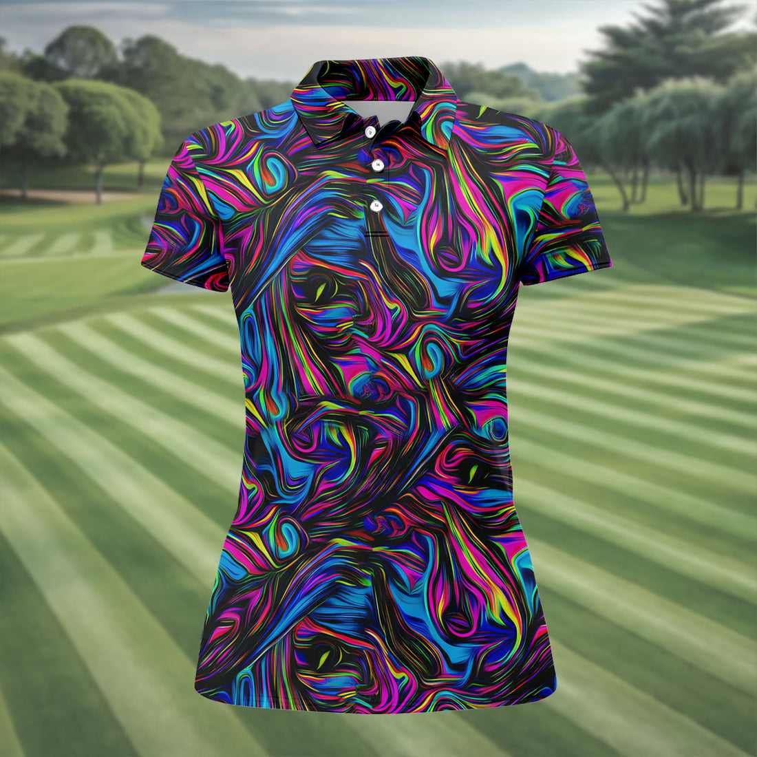 Vibrant Neon Liquid Marble Abstract Golf Shirt, Women’s Golf Tops, Women’s Golf Apparel