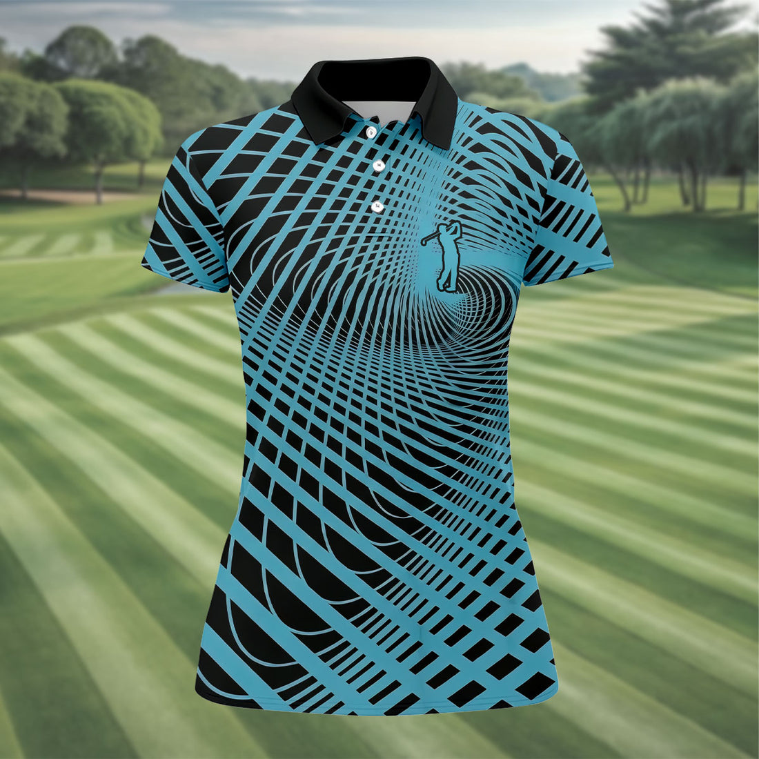 Swirling Vortex Black And Light Blue Women's Golf Tops, Ladies Golf Shirts, Ladies Golf Polos