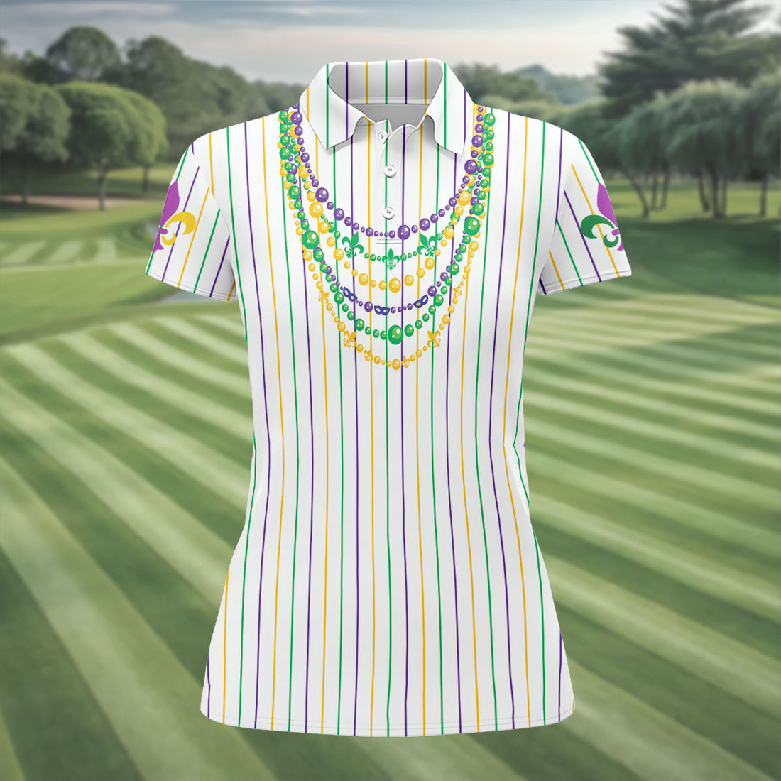 Mardi Gras Beads Necklaces Print White Golf Shirt, Women's Golf Shirts, Ladies Golf Polos, Golf Shirt For Women