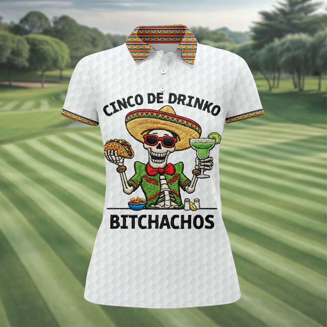 Skeleton Holding Taco And Margarita Hawaiian Golf Polo, Golf Tops For Women, Golfing Apparel