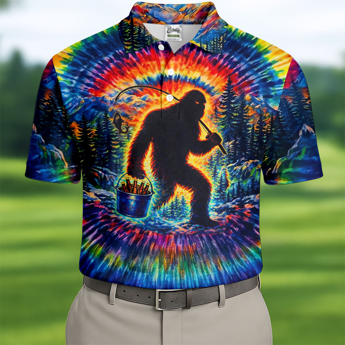 Tie Dye Bigfoot Fishing Forest Golf Shirt, Mens Golf Apparel, Printed Golf Shirts