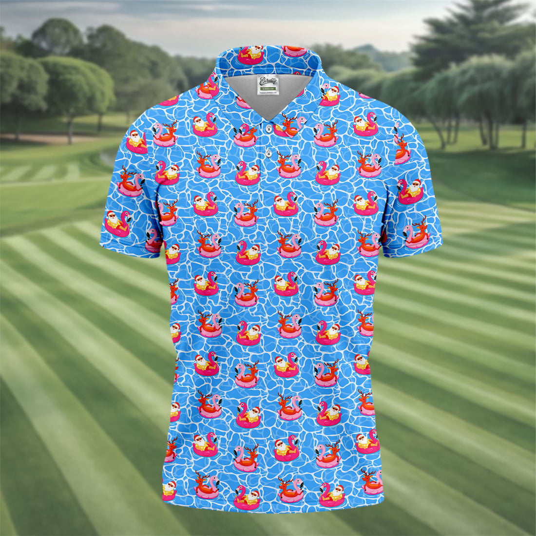Santa Flamingo Pool Float Christmas Golf Shirt, Men's Golf Shirt, Hawaiian Golf Shirt, Printed Golf Shirts