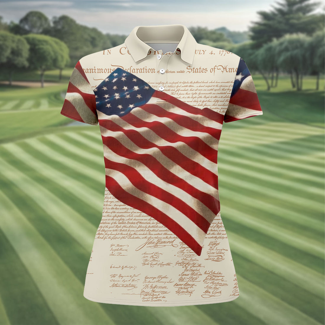 Patriotic American Flag Declaration Of Independence 4th Of July Beige Golf Shirt, 250th Anniversary Ladies Golf Shirts