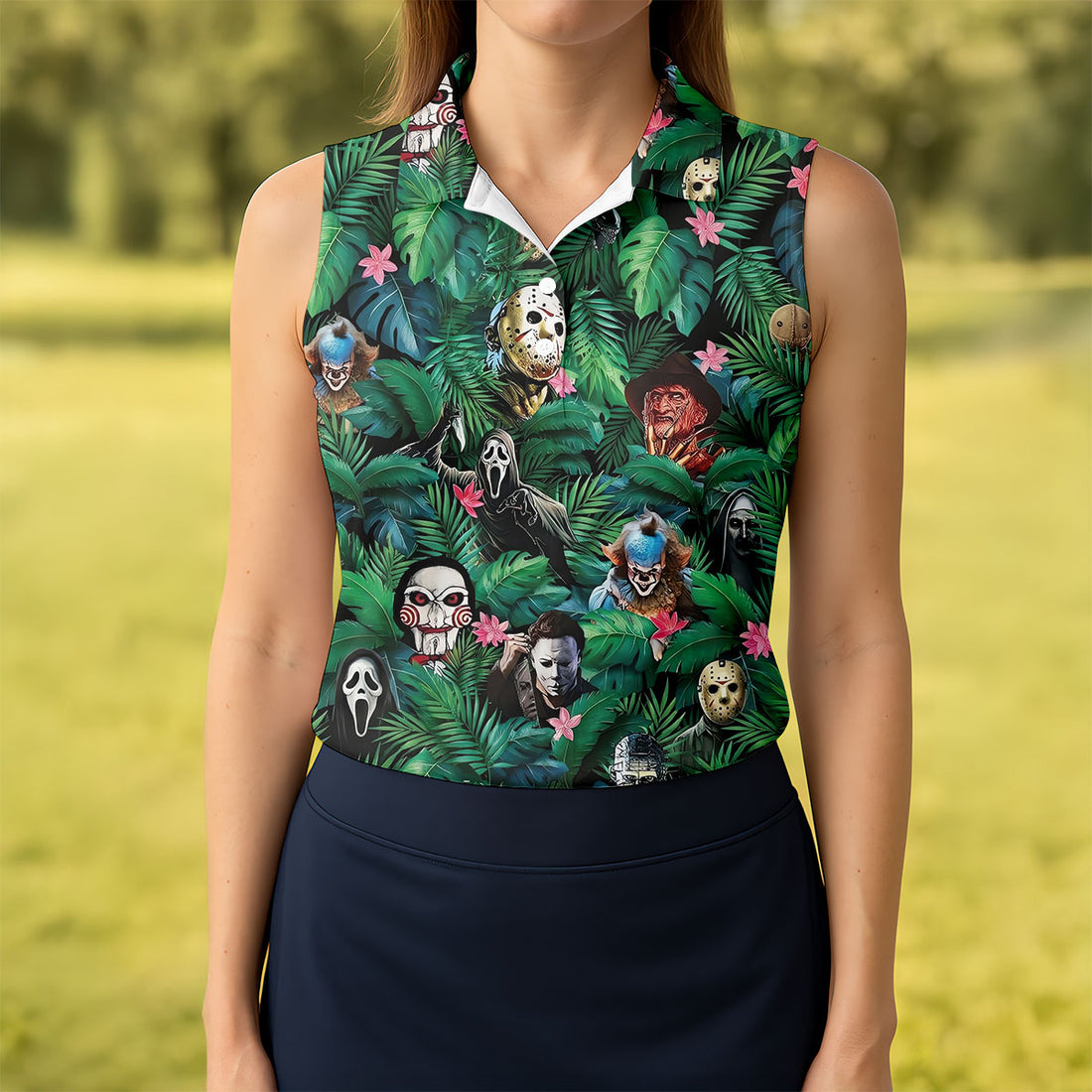 Tropical Horror Character Pattern Halloween Shirt, Womens Golf Polo, Ladies Golf Shirts