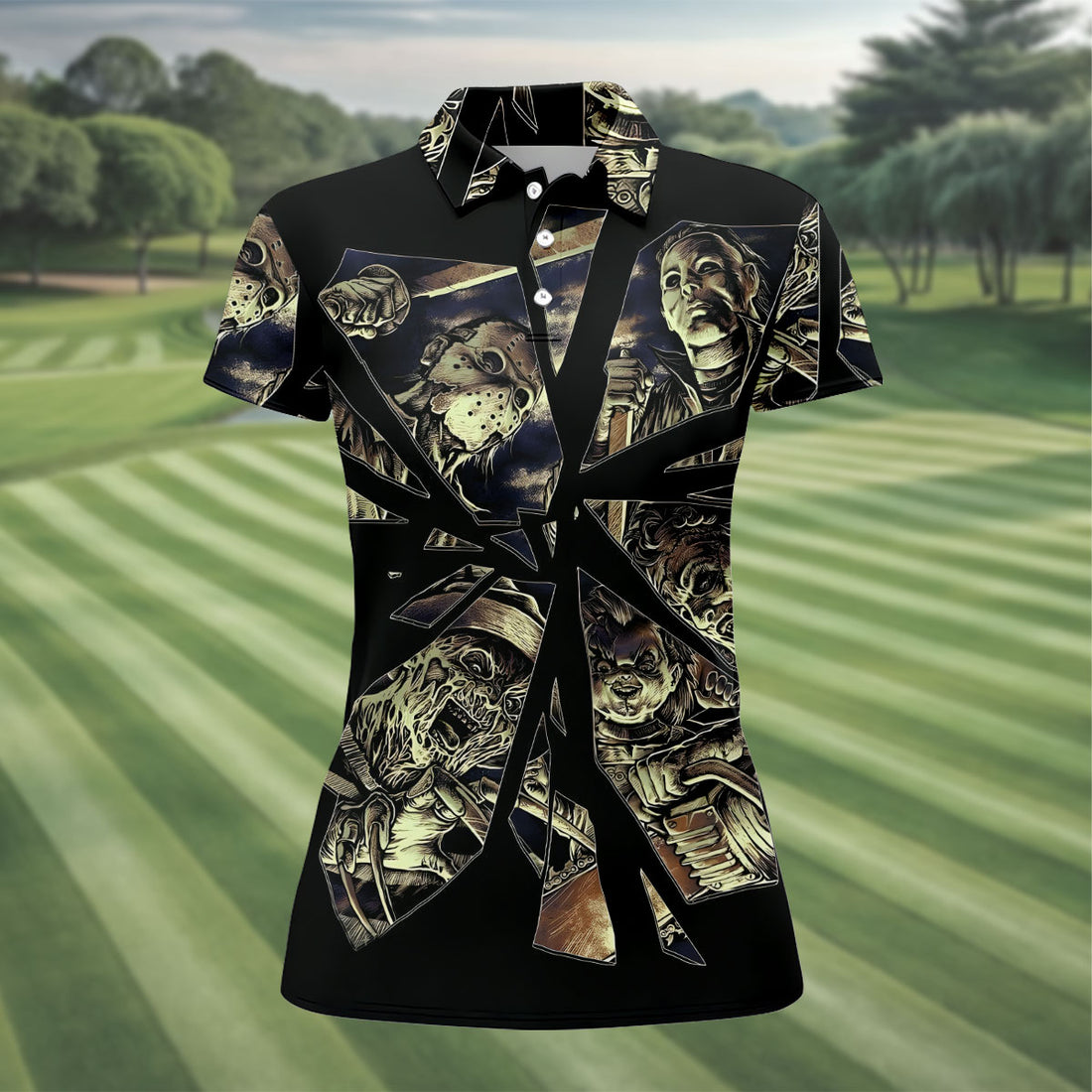 Broken Glass Horror Character Collage Halloween Shirt, Womens Golf Polo, Ladies Golf Shirts