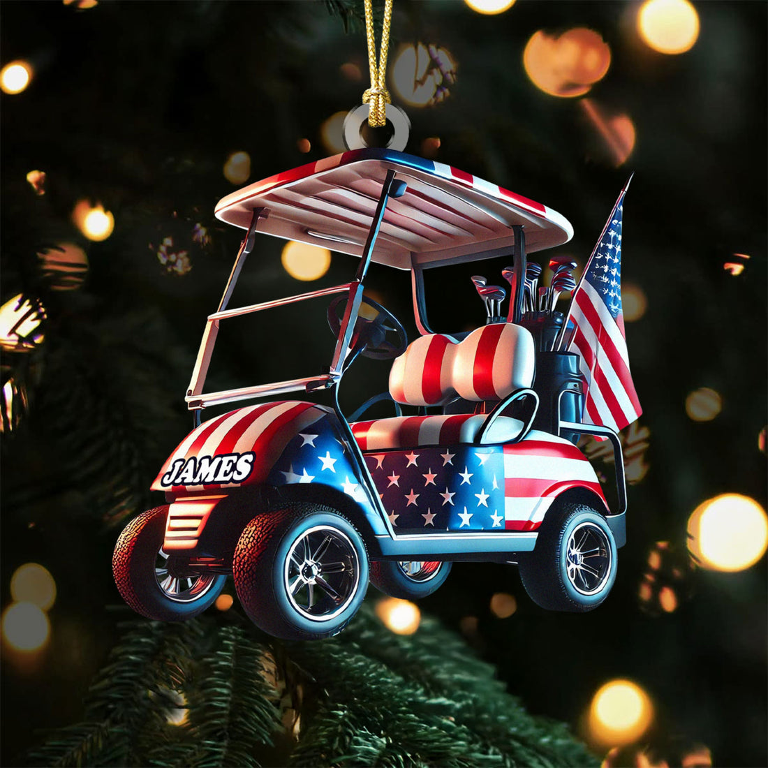 American Flag Golf Cart Acrylic Ornament, Patriotic Christmas Ornaments, Golf Xmas Ornaments, Golf Christmas Gifts
