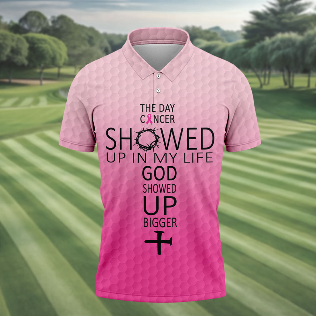 Cancer Showed Up God Showed Up Bigger Breast Cancer Polo Shirt, Mens Golf Shirts