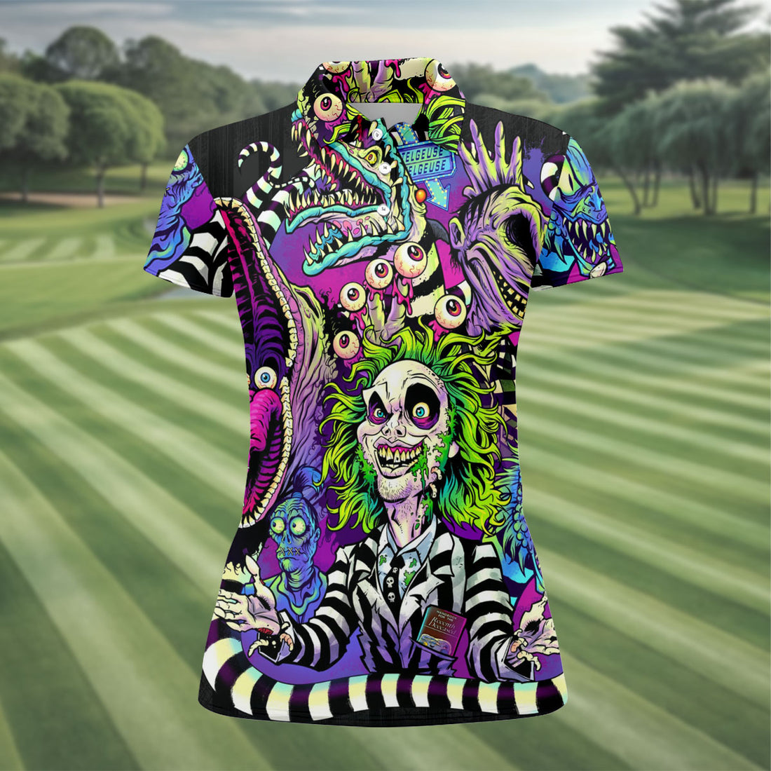Neon Horror Character Monster Collage G Halloween Shirt, Ladies Golf Shirts, Hawaiian Golf Shirt