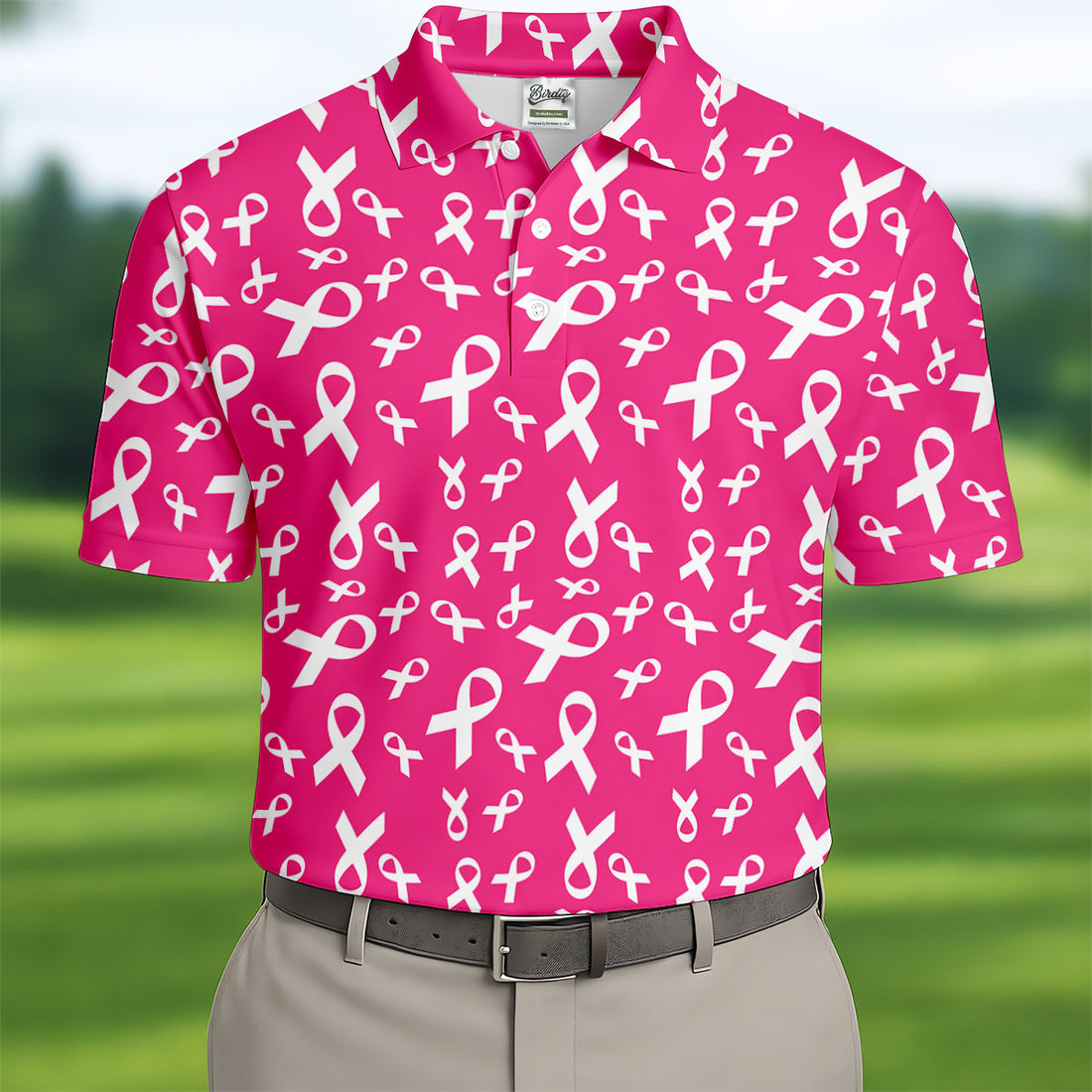 Hot Pink Breast Cancer Awareness Ribbon Polo Shirt, Mens Golf Polo, Printed Golf Shirts