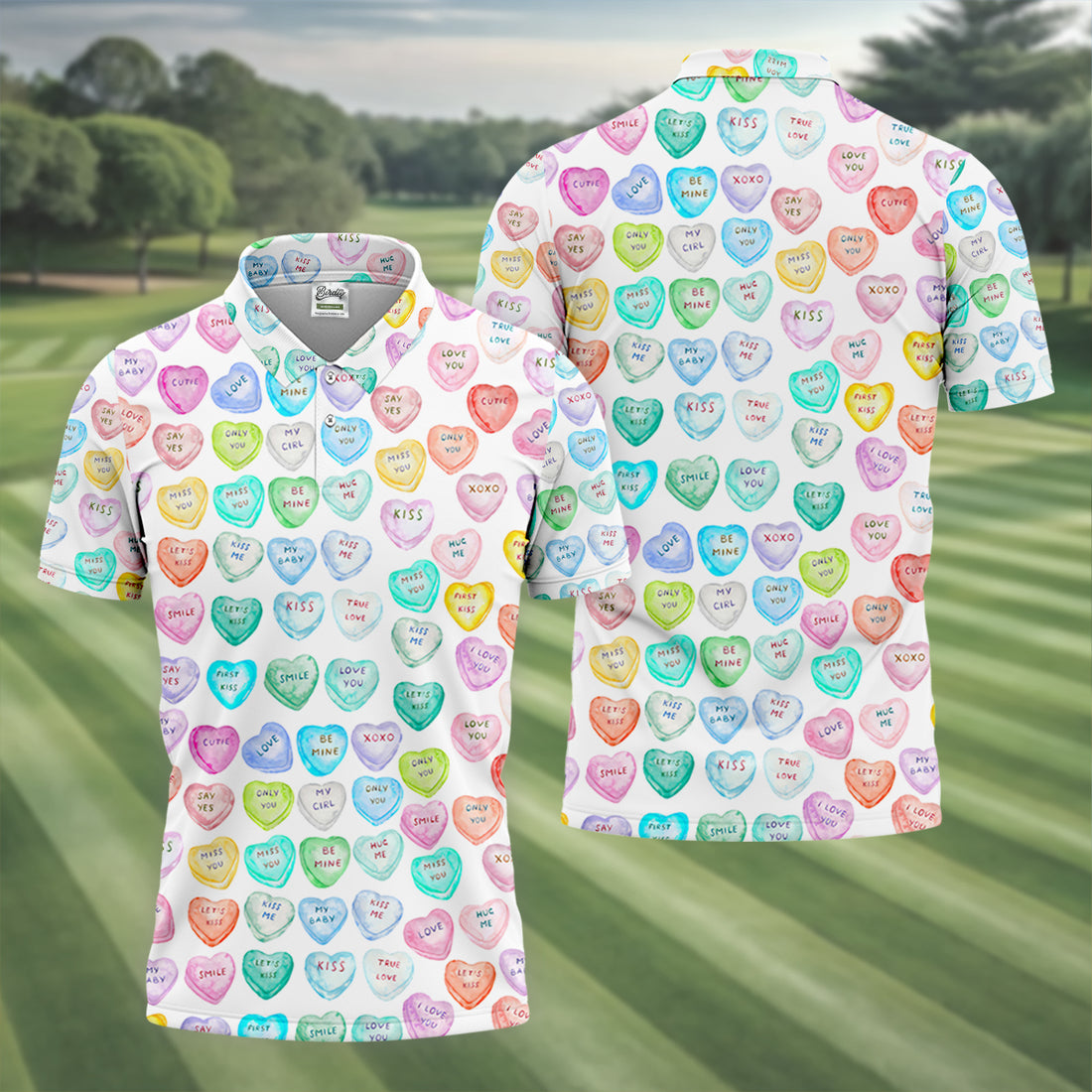 Sweet Words Watercolor Heart Golf Tops For Men, Valentines Golf Gift, Polo Shirts For Men