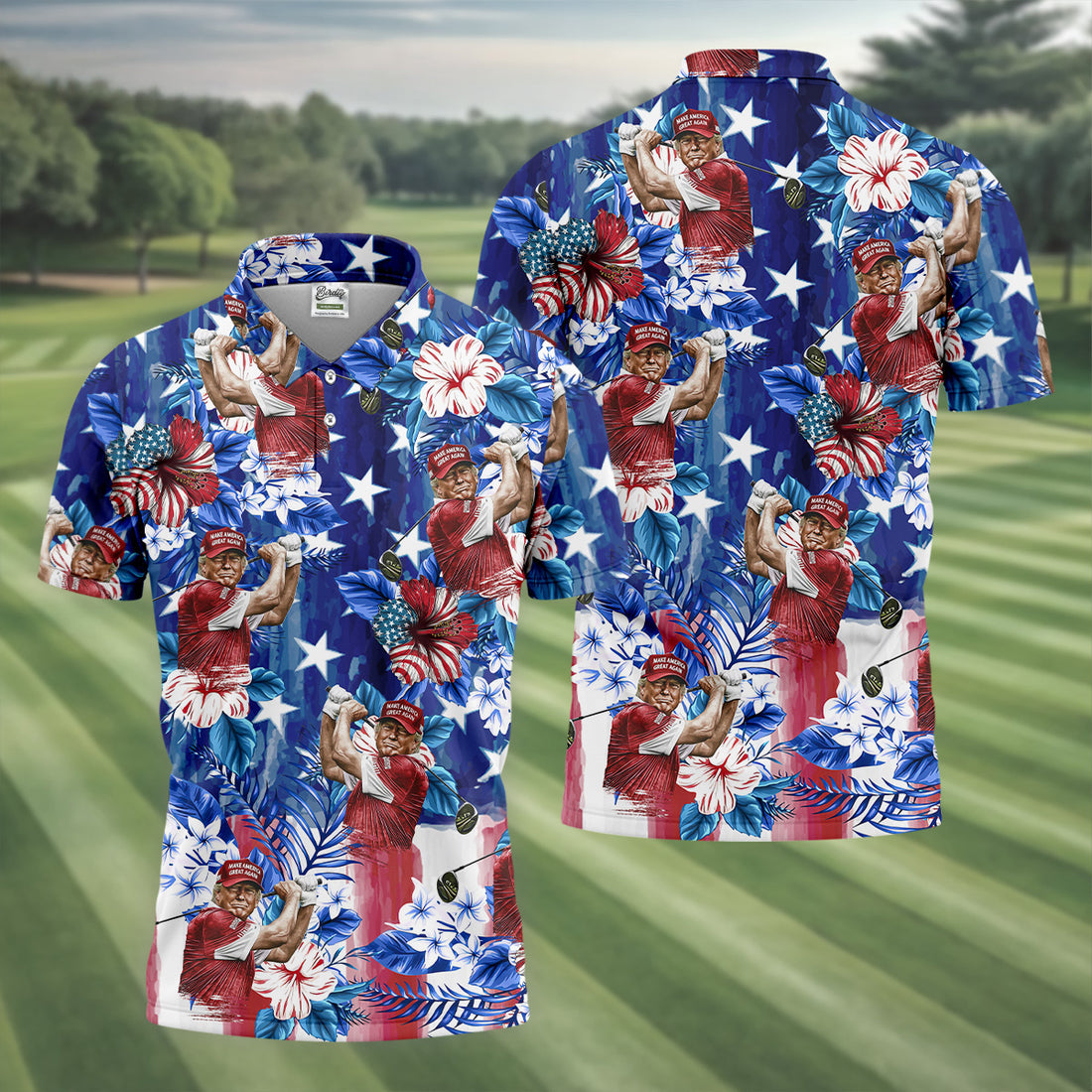 Tropical Floral Pattern Patriotic Golf Shirt, Trump Golf Tops For Men, Red White Blue Men Polo, Golfing Apparel