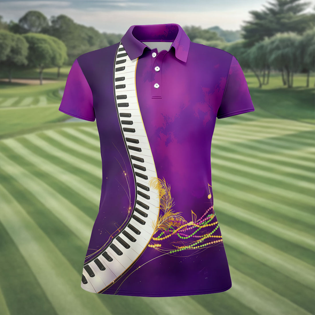Mardi Gras Feather Beads Piano Keyboard Print Purple Golf Shirt, Women's Golf Tops, Ladies Golf Polos