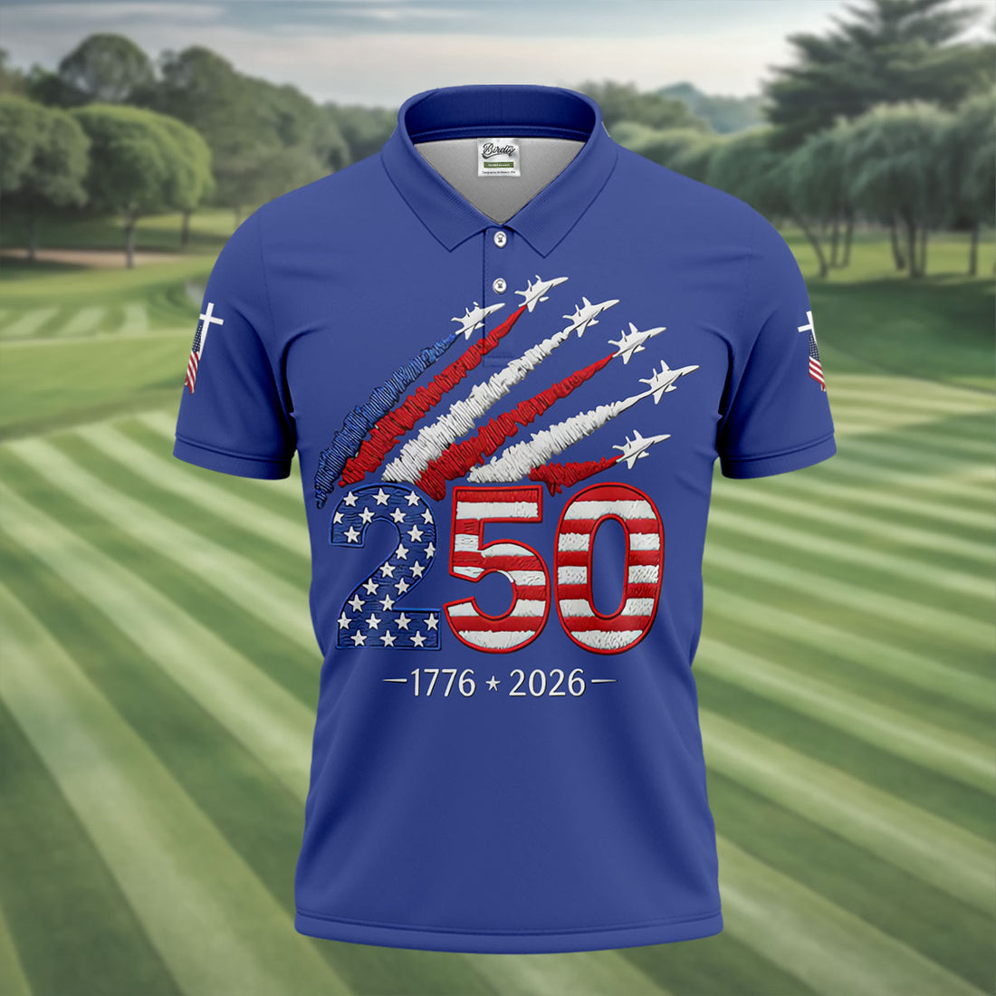 Flying Fighter Jets Faith Cross Patriotic 4th Of July Blue Golf Shirt, 250 Years Golf Shirts For Men