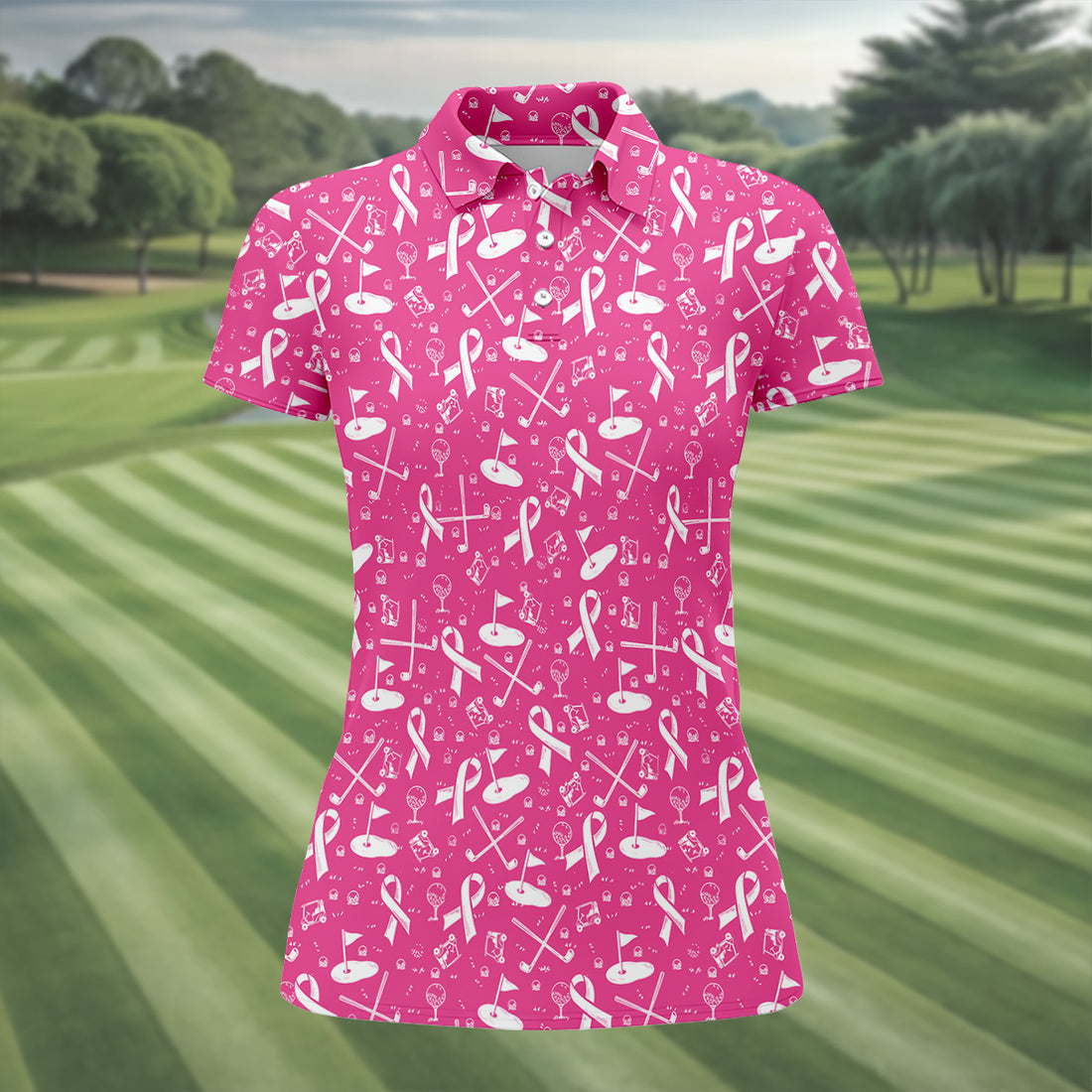 Awareness Ribbon Hot Pink Golf Shirt, Cancer Awareness Shirt, Ladies Golf Shirts, Golfing Apparel