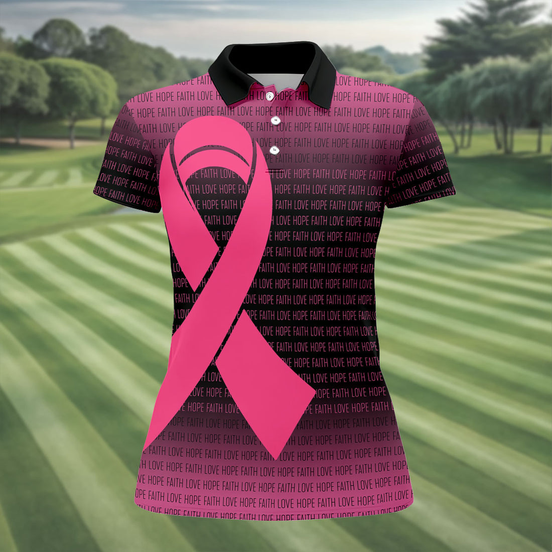 Faith Love Hope Pink Ribbon Breast Cancer Polo Shirt, Ladies Golf Tops, Women’s Golf Polo