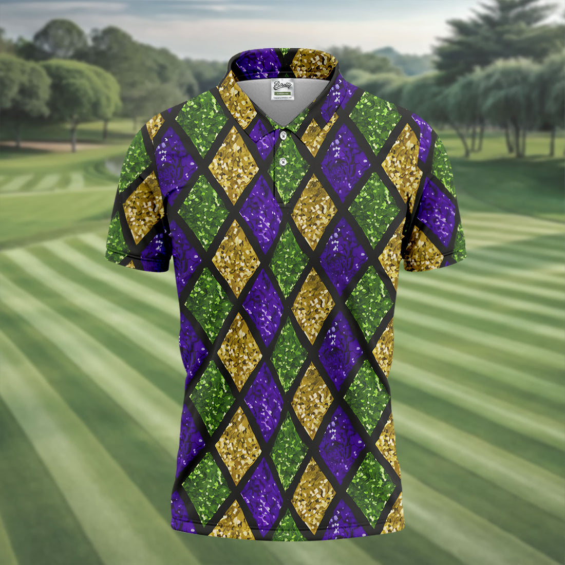 Green Purple Gold Argyle Pattern Sparkling Effect Mardi Gras Golf Shirt, Polo Shirts For Men, Golf Shirts For Men