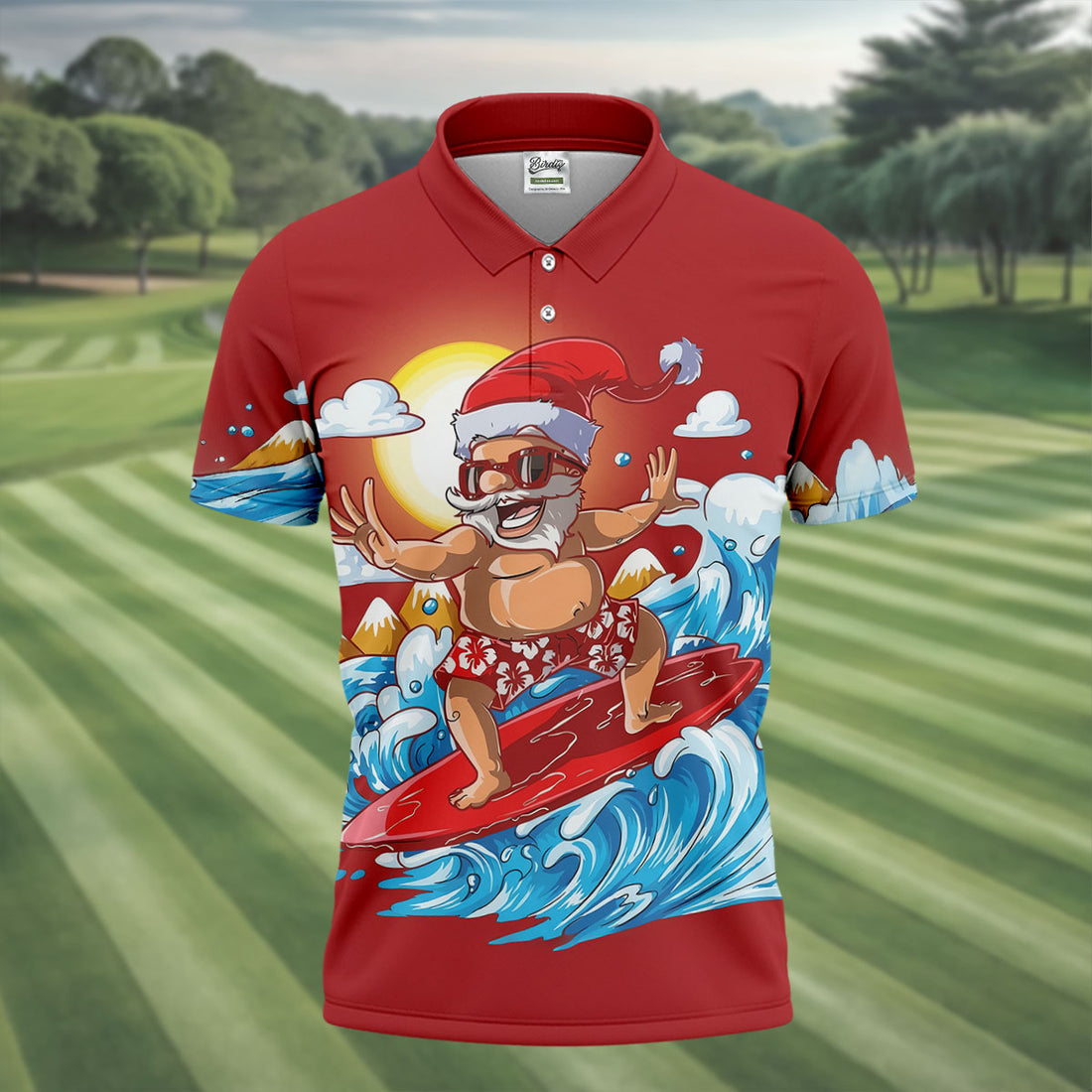 Men's Funny Santa Surfing Men's Golf Polo, Christmas Golf Shirt, Golf Apparel For Men