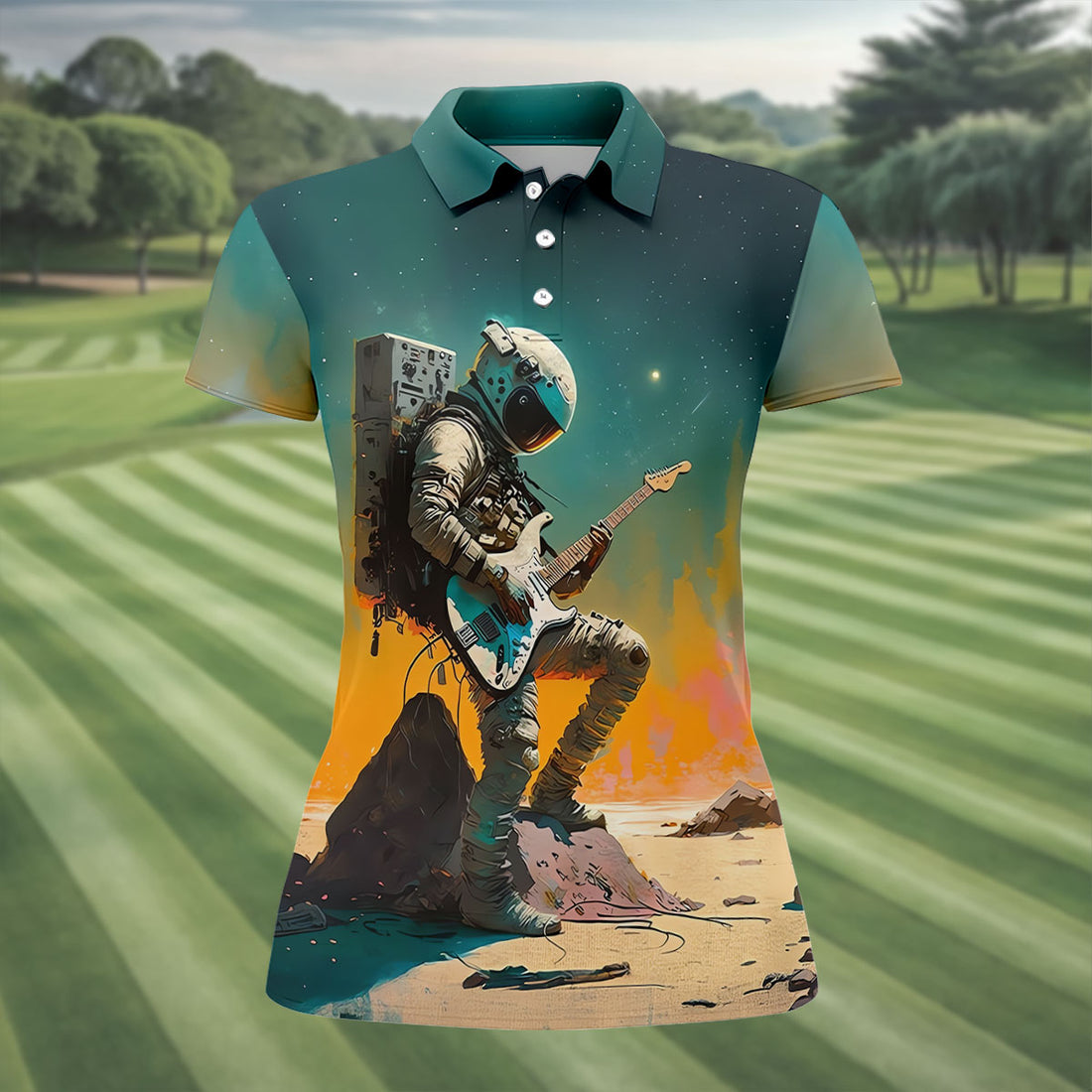 Astronaut Rock Guitar Teal Sunset Hawaiian Golf Polo, Golf Tops For Women, Golfing Apparel