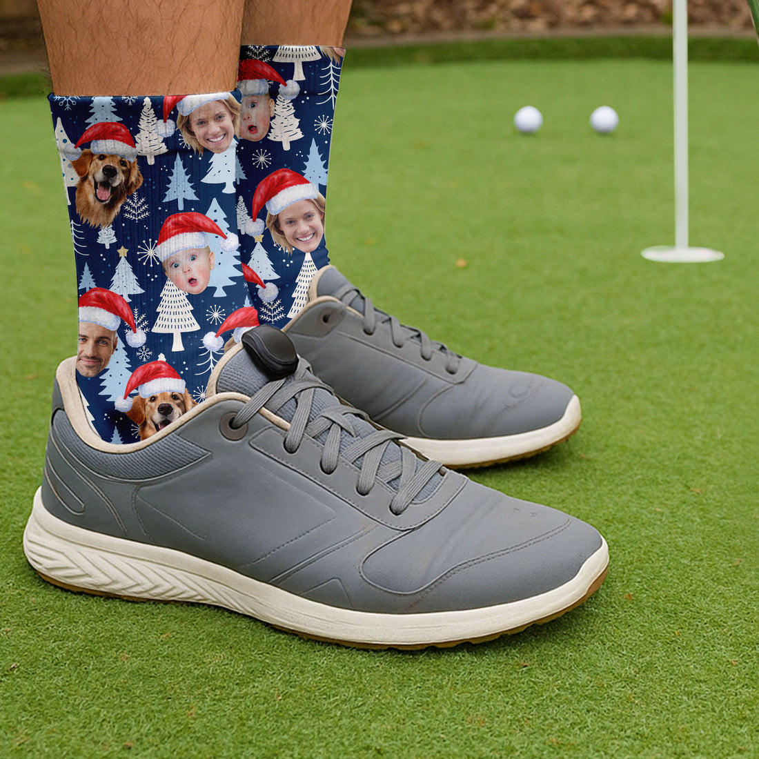 Custom Face Pine Tree Pattern White And Navy Golf Socks, Christmas Golf Gift, Custom Golf Accessories