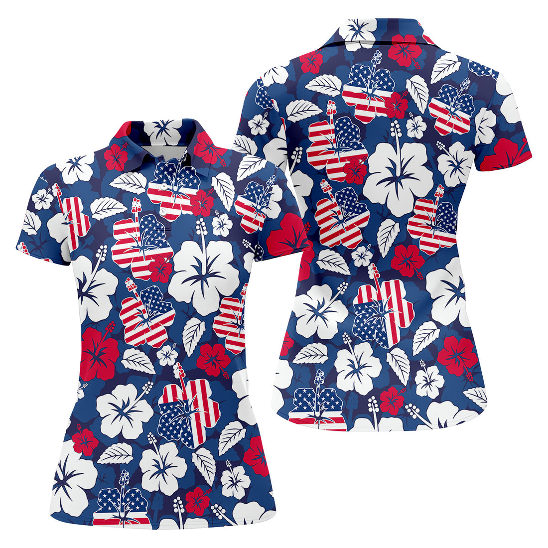 Tropical Hibiscus American Flag Womens Golf Polo Shirt,  Patriotic Golf Shirt, USA Golf Shirt Custom Ladies Golf Shirt