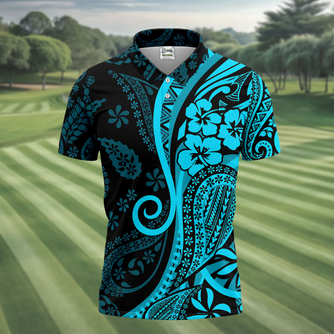 Island Tribal Golf Shirt, Blue Hawaiian Hibiscus Polo, Polo Shirts For Men