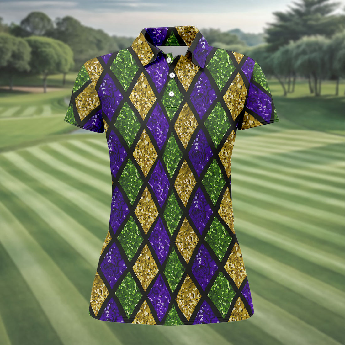 Green Purple Gold Argyle Pattern Sparkling Effect Mardi Gras Golf Shirt, Women's Golf Tops, Ladies Golf Shirts