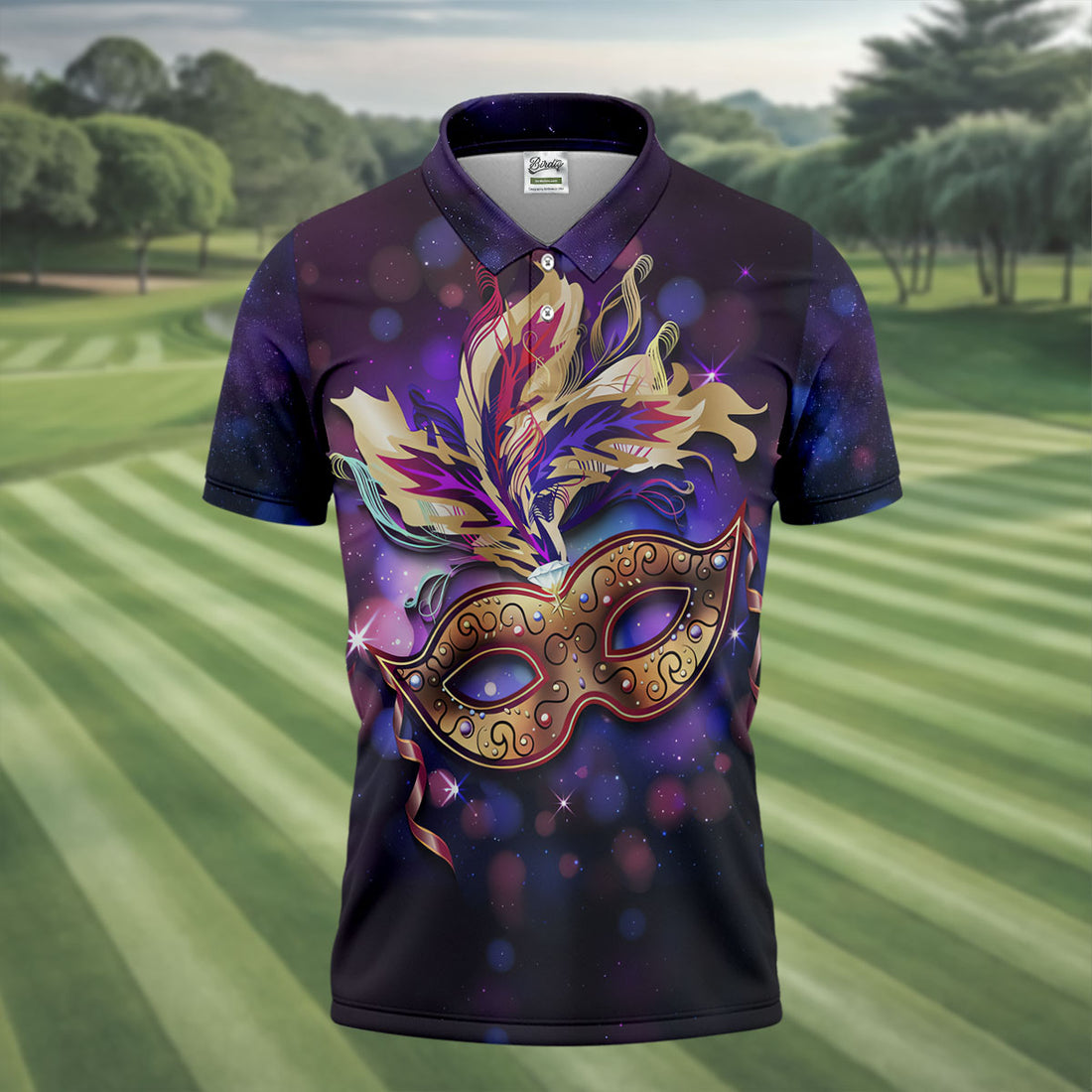 Mardi Gras Mask Feather Ribbon Purple Golf Shirt, Polo Shirts For Men, Golf Shirts For Men