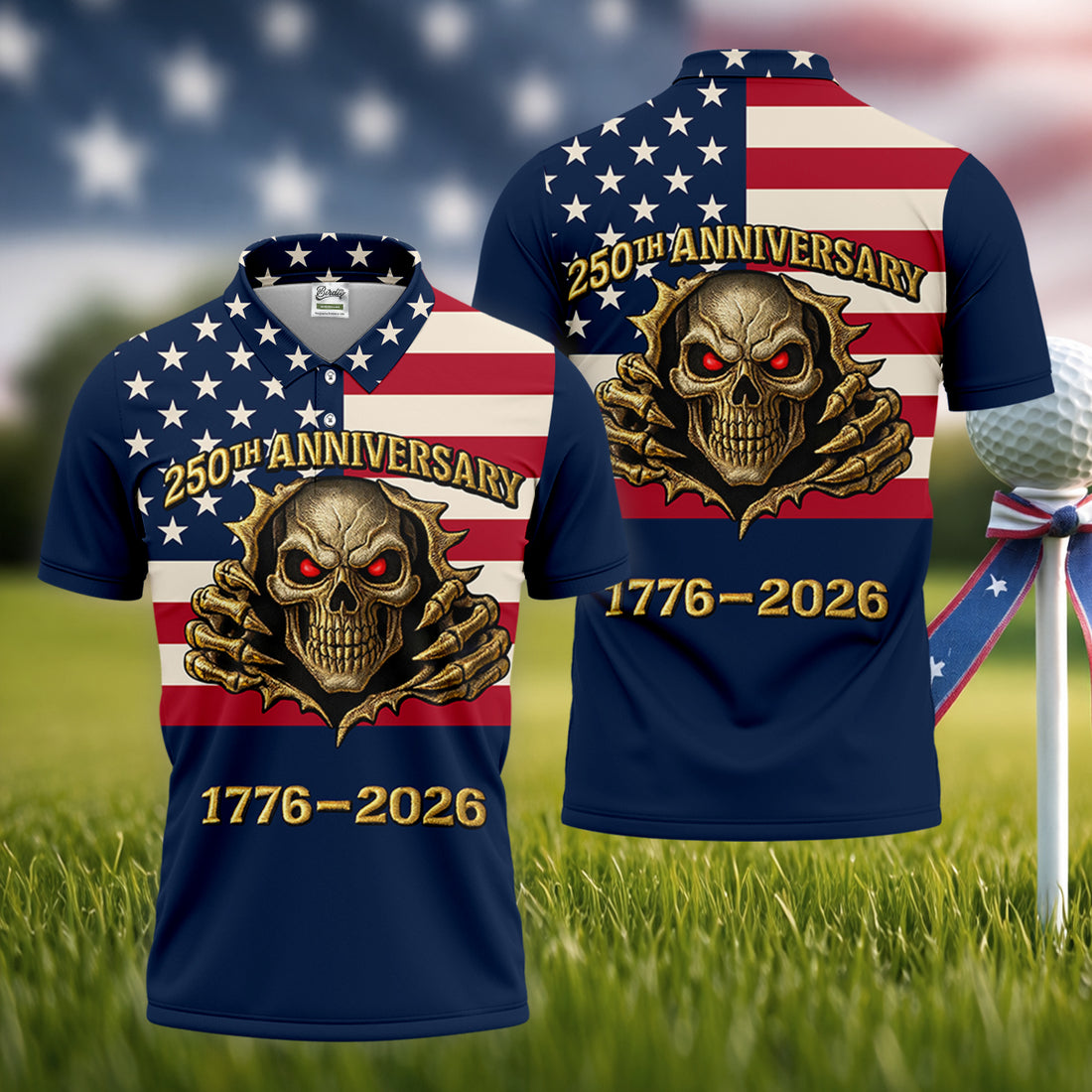 Patriotic American Flag Cool Skull 250th Anniversary Golf Shirts For Men, Polo Shirts For Men, Golf Gift For Men