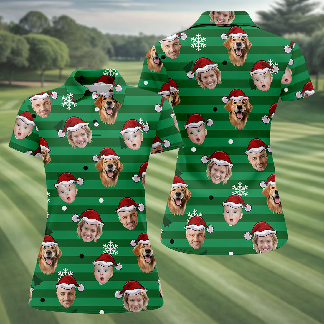 Custom Face Green Stripe Christmas Golf Shirt, Women's Golf Tops, Ladies Golf Shirts, Christmas Golf Gift