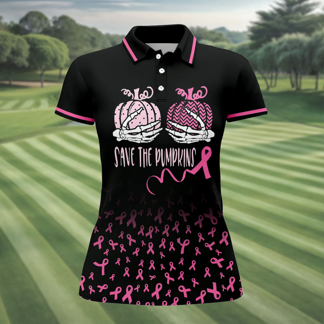 Save The Pumpkins Skeleton Breast Cancer Polo Shirt, Womens Golf Tops, Printed Golf Shirt