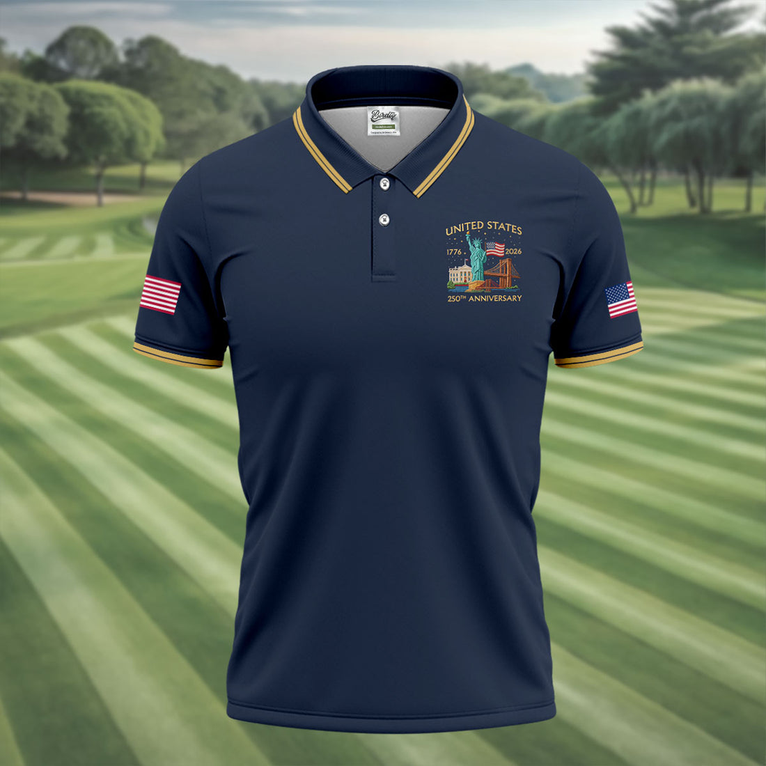 American Symbols Navy Patriotic Golf Shirt, US 250 Years 4th Of July Golf Shirts For Men