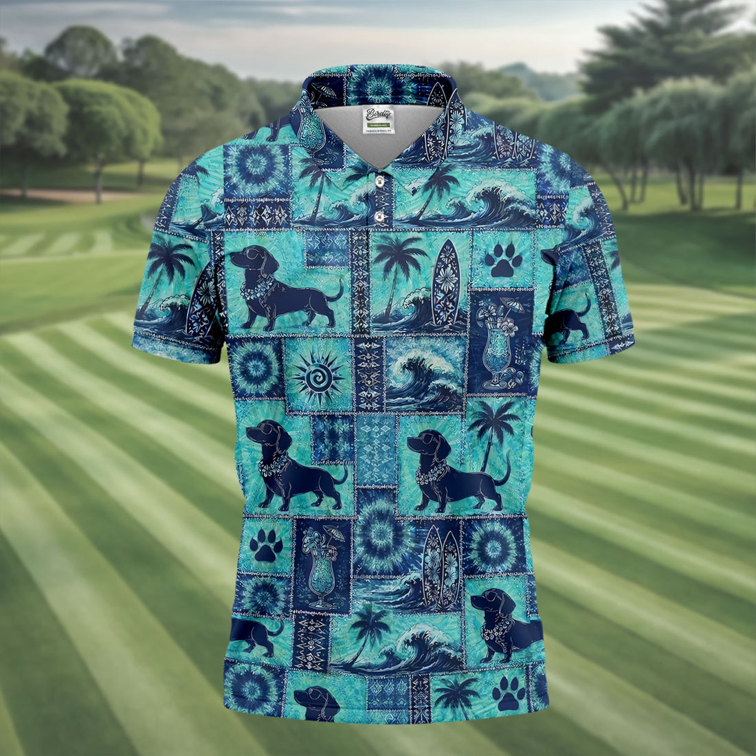 Funny Tropical Dog Surf Patchwork Golf Polo Shirt, Mens Golf Polo, Printed Golf Shirts