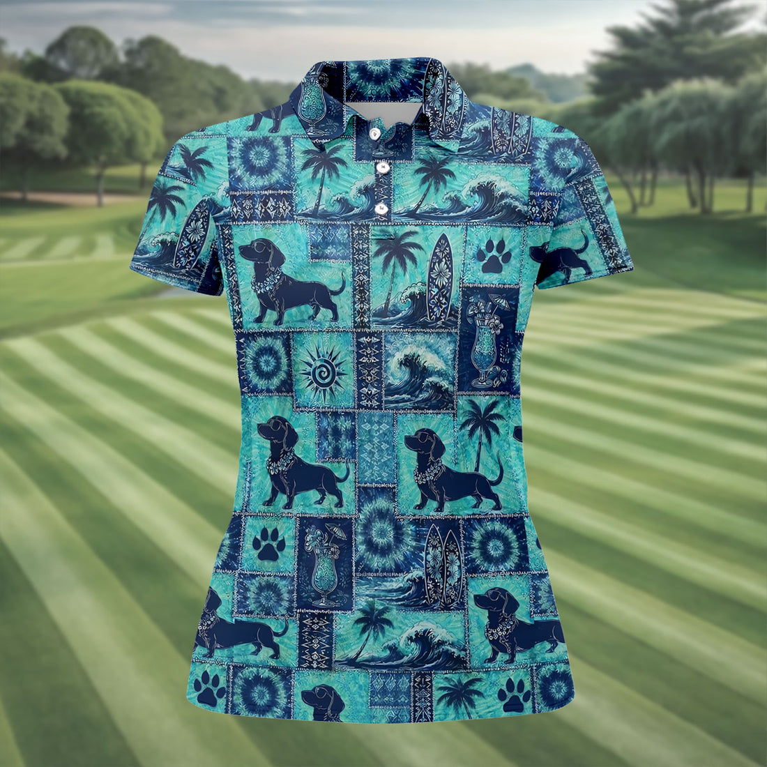 Funny Tropical Dog Surf Patchwork Golf Polo Shirt, Womens Golf Tops, Ladies Golf Top