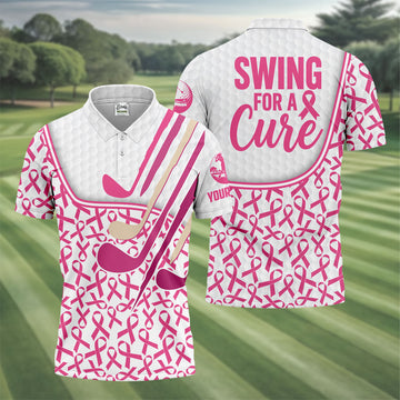 Custom Pink Ribbon Golf Club Breast Cancer Polo Shirt, Mens Golf Polo, Printed Golf Shirts