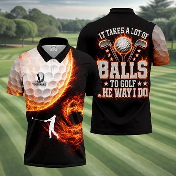 Custom Your Name Fire Golf Ball Polo Shirt, Golf Polo Shirts For Men, Mens Golf Apparel