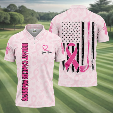Personalized Breast Cancer Warrior Pink Ribbon Polo, Mens Golf Polo, Golf Apparel For Men