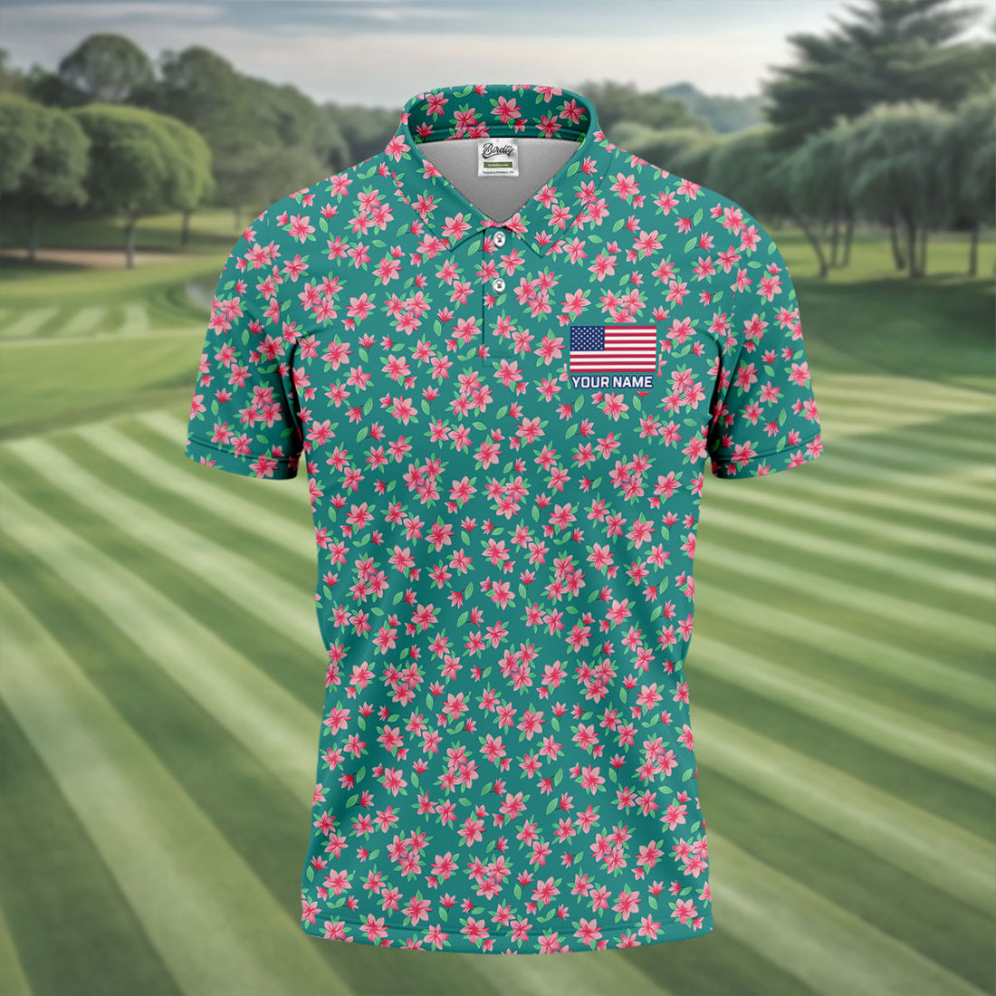 Azaleas  Pink Turquoise Golf Tops For Men, Golf Shirts For Men, Polo Shirts For Men