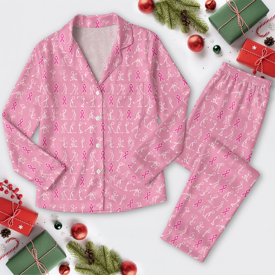 Funny Stick Figure Golfing Long Sleeve Pajama Set, Breast Cancer Awareness Pink Satin Pajamas