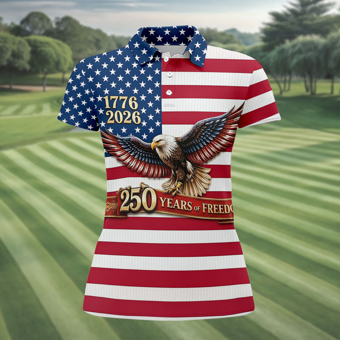 American Flag Bald Eagle Women's 250 Years USA Patriotic Golf Shirt, 4th of July Golf Shirt