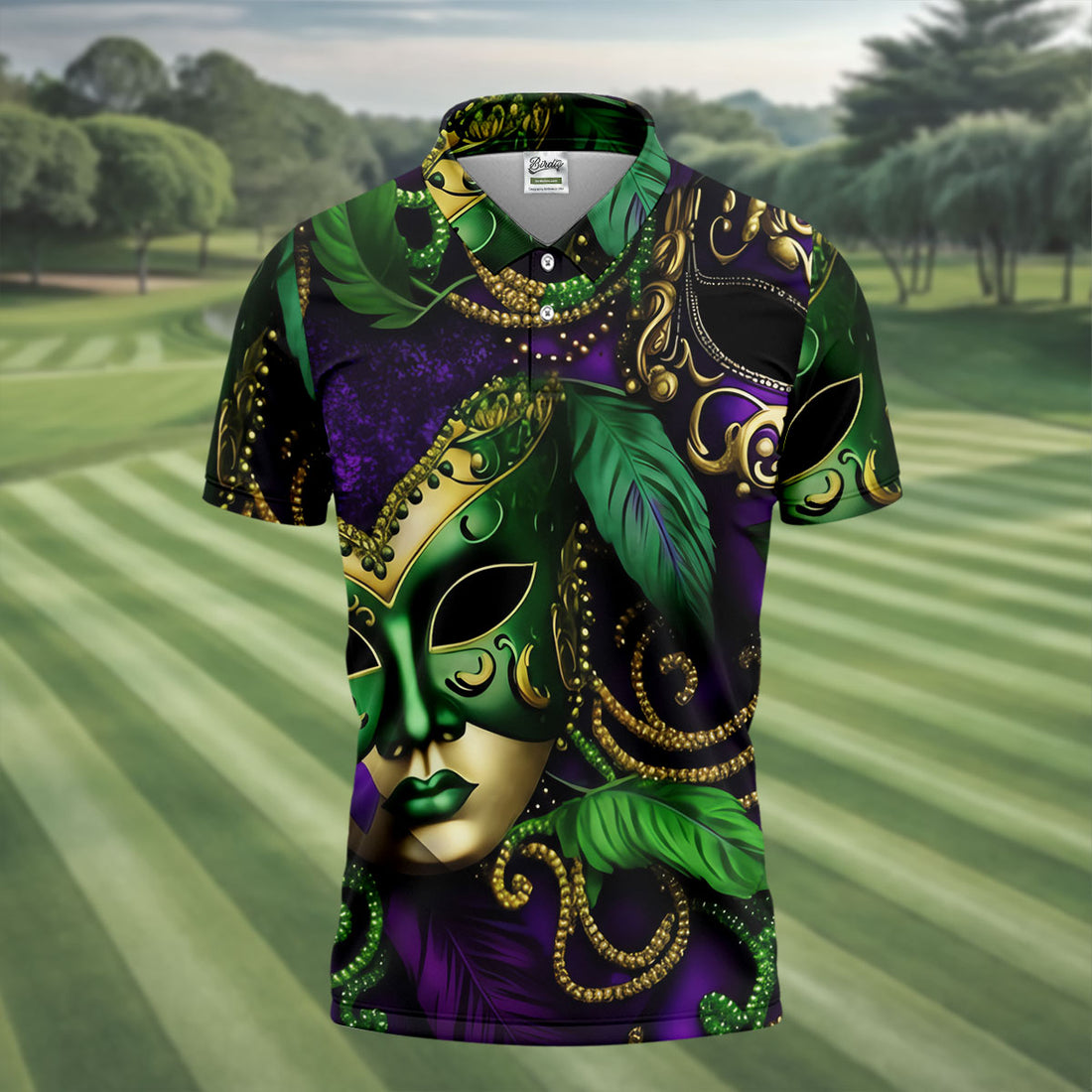 Purple Green Gold Carnival Mask Feather Print Mardi Gras Golf Shirt, Polo Shirts For Men, Golf Shirts For Men