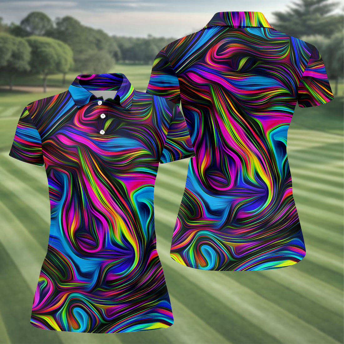 Neon Abstract Swirl Hawaiian Golf Shirt, Women's Golf Tops, Ladies Golf Shirts