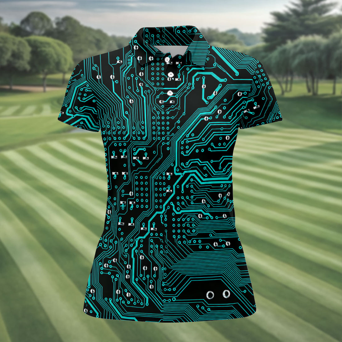Circuit Board Pattern Hawaiian Golf Shirt, Women's Golf Tops, Ladies Golf Shirts