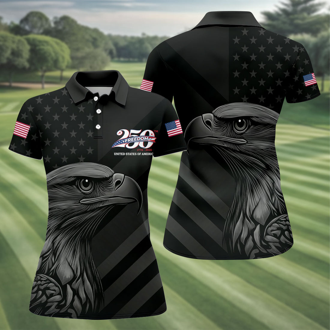 Blackout American Flag Freedom Eagle Women's 250 Years USA Patriotic Golf Shirt, 4th of July Golf Shirt