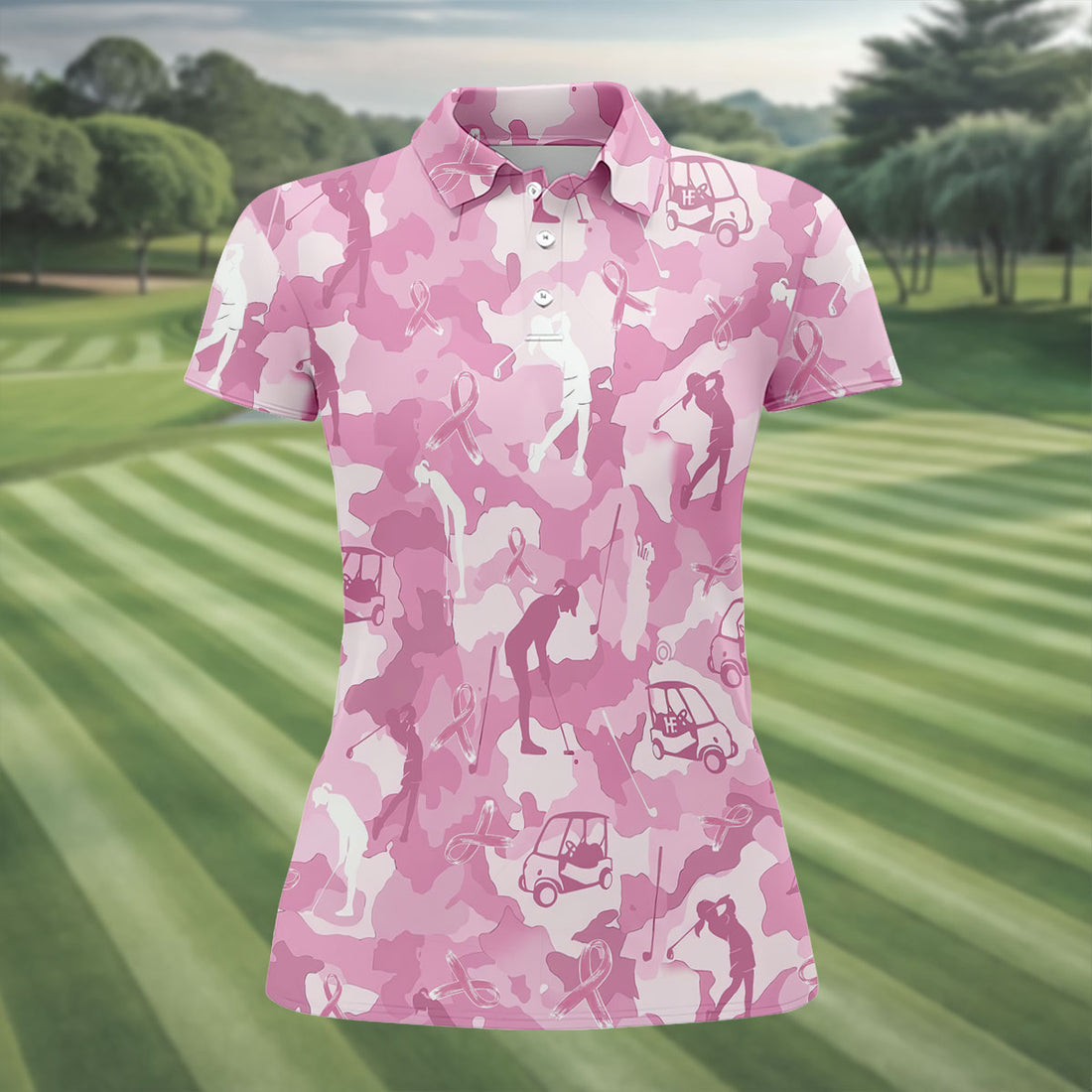 Pink Camo Golfer Breast Cancer Ribbon Polo Shirt, Ladies Golf Tops, Women’s Golf Polo