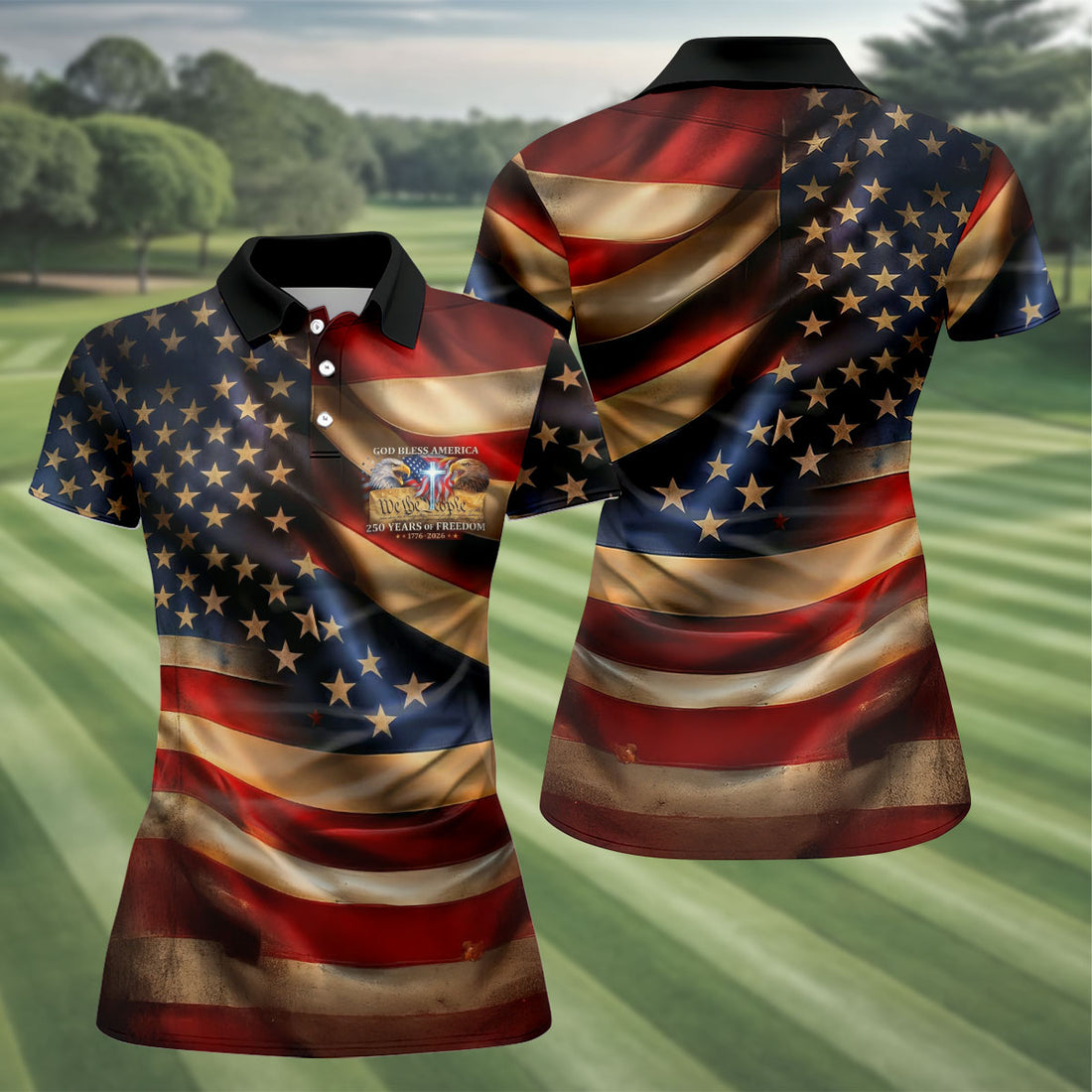 American Flag Golf Shirt, USA 250th Anniversary Women's Shirt, Patriotic Independence Day Apparel