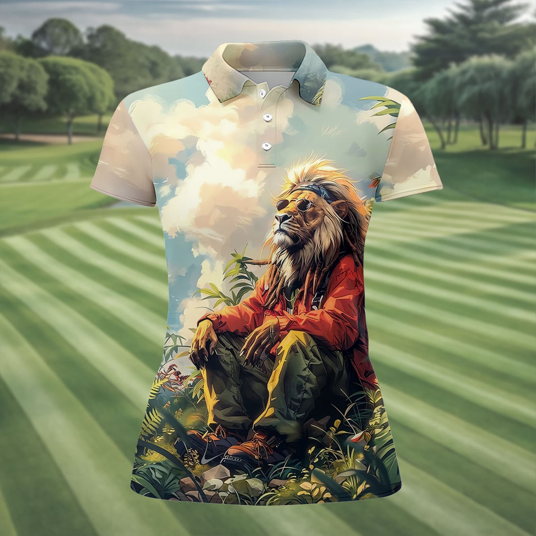 Lion Dreamscape Mist Hawaiian Golf Polo, Golf Tops For Women, Golfing Apparel