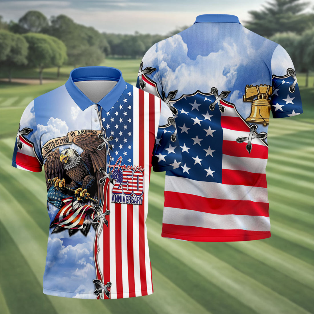 American Flag Eagle Anniversary Men's 250 Years USA Patriotic Golf Shirt, 4th of July Golf Shirt